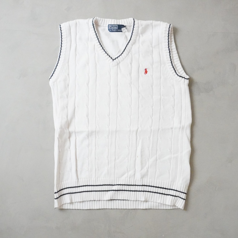 Vintage Polo Ralph Lauren Cable Knit Sweater Vest XL Womens White Navy Preppy